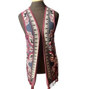 Velez Red White Blue Tribal Intarsia Knit Fringed Cotton Vest Red White Blue XS